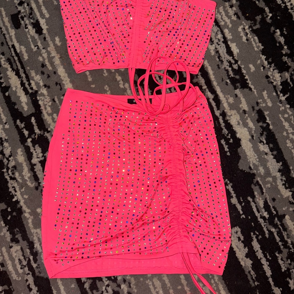 Neon Pink Rhinestone Two-Piece Set